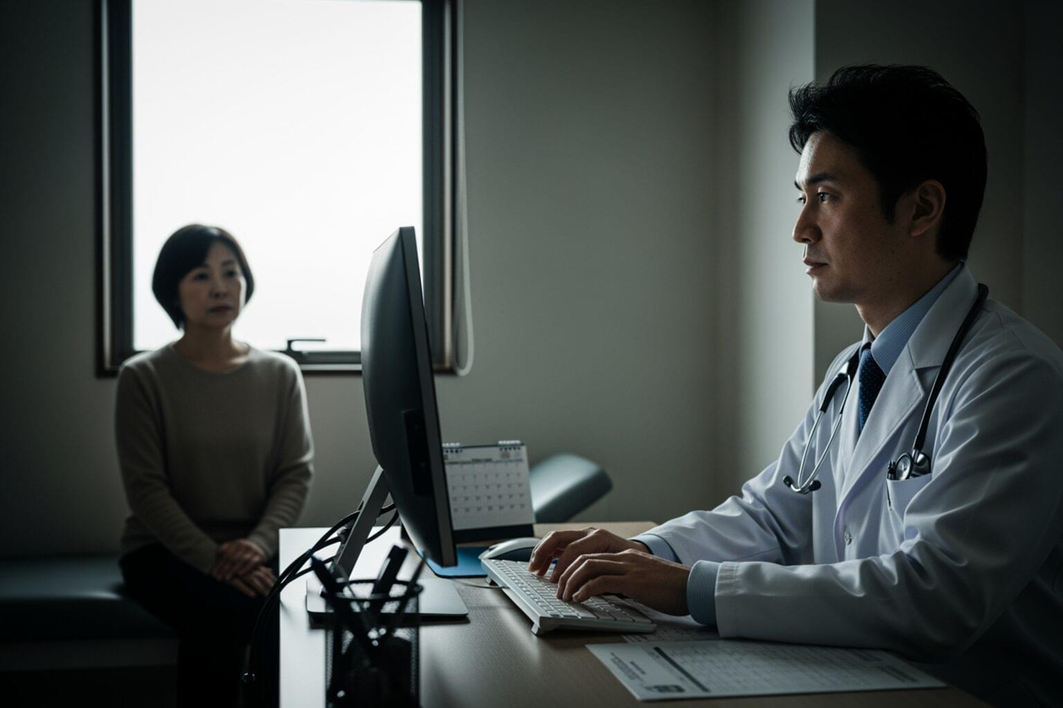 PC画面に集中しキーボードを打つ医師と、視線をもらえず待つ患者