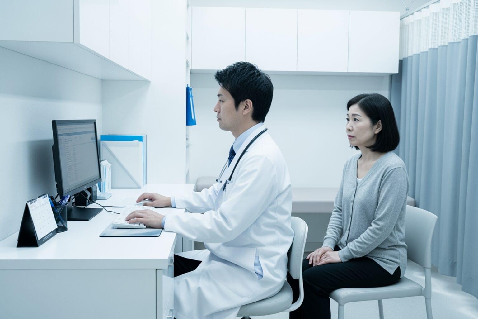 壁際のデスクのモニターを見て入力する医師と、その隣で医師を不安そうに見つめる患者