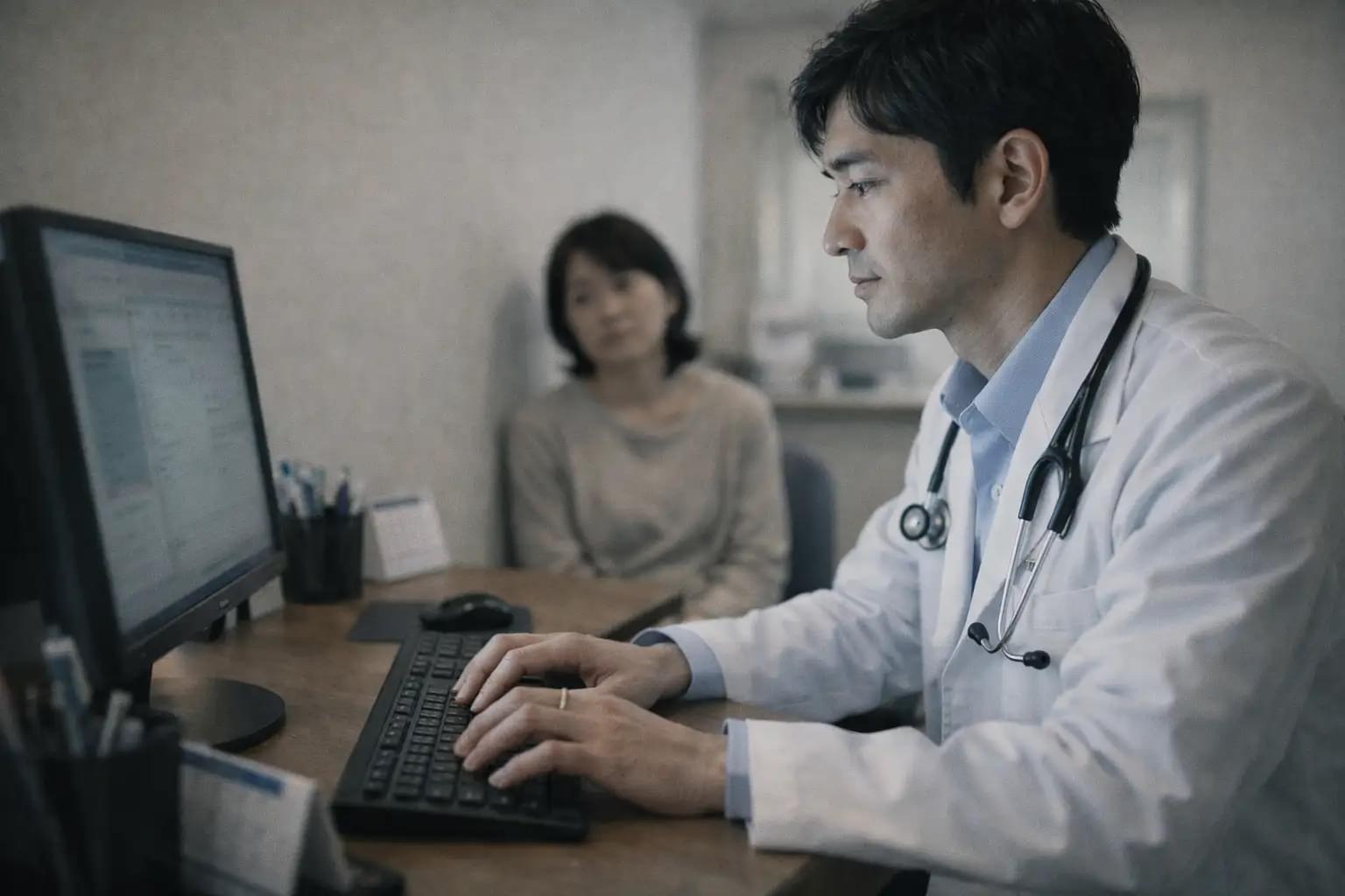 PC画面に集中しキーボードを打つ医師と、視線をもらえず待つ患者