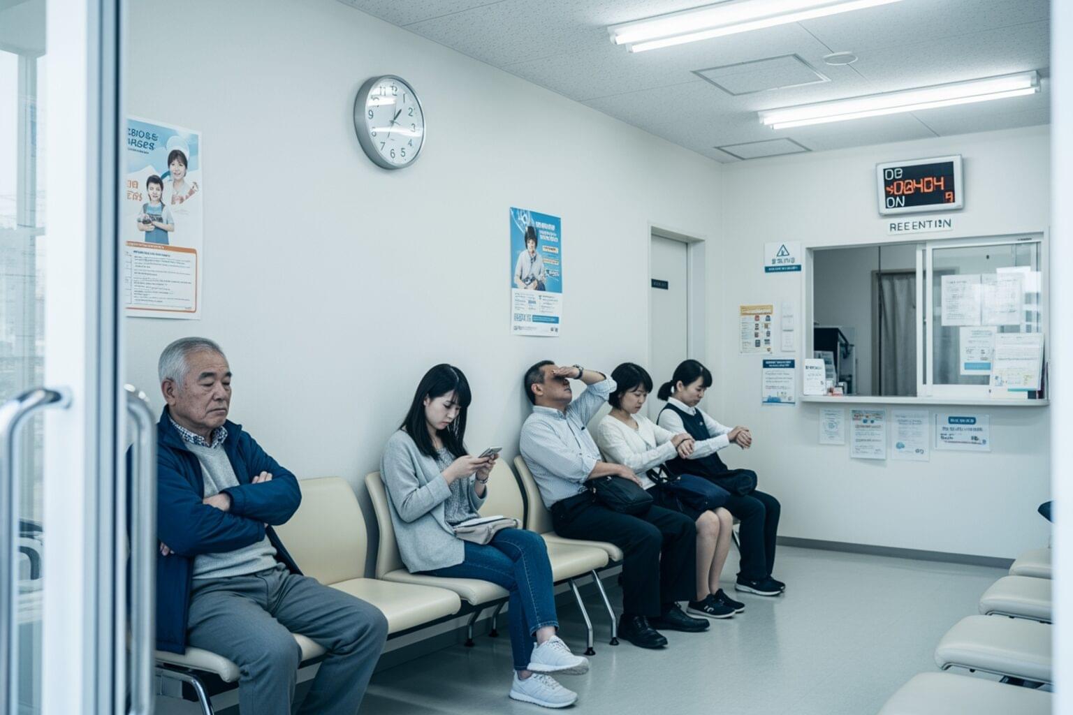 クリニックの待合室で順番を待つ複数の患者たち
