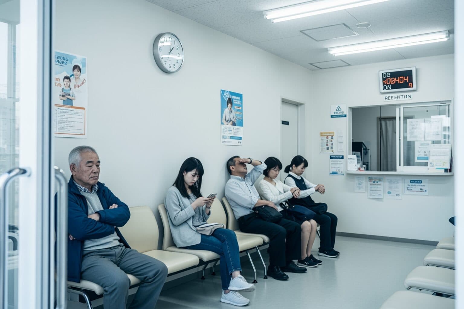 クリニックの待合室で順番を待つ複数の患者たち
