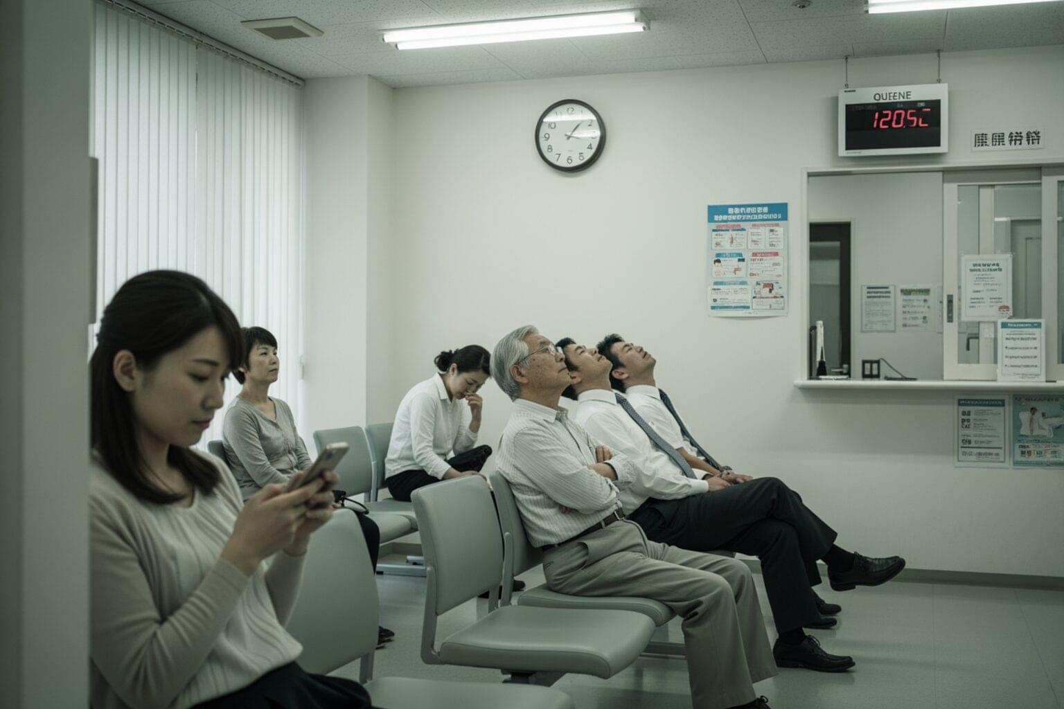 クリニックの待合室で順番を待つ複数の患者たち