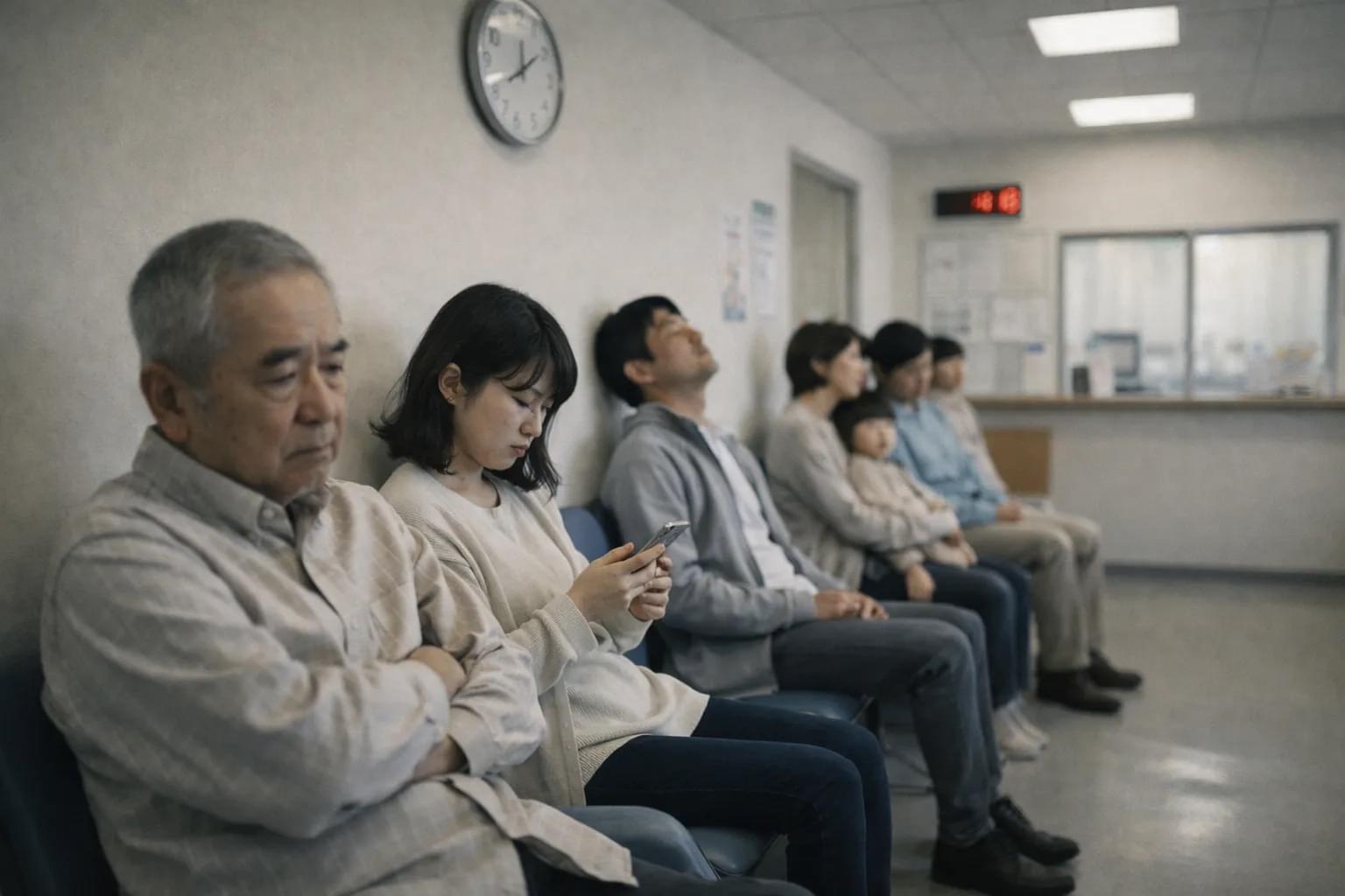クリニックの待合室で順番を待つ複数の患者たち