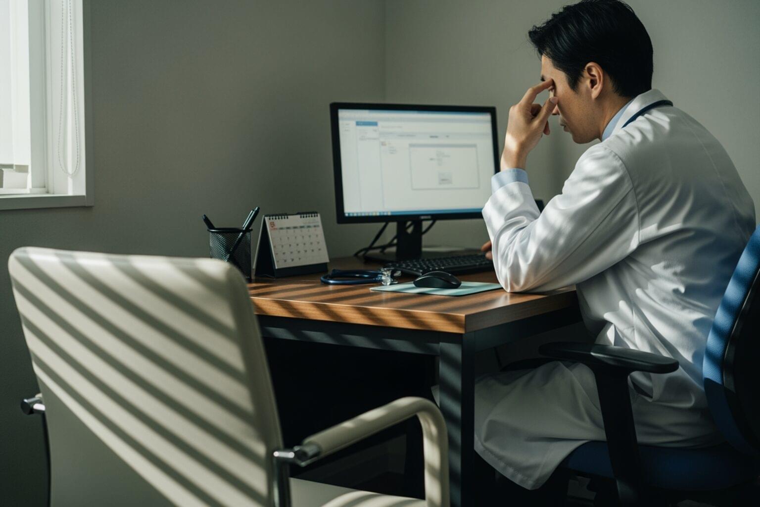 誰もいない診察室で、空いた患者の椅子を背に一人カルテに向かう医師