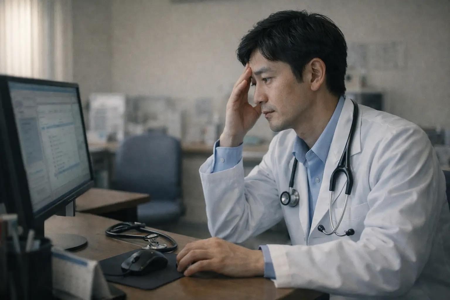 こめかみに手を当て、診察内容を思い出そうとする医師